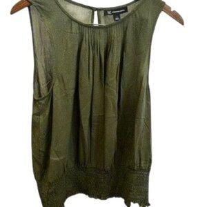 INC Ladies smocked top, size large, olive green with gold glittery threads throu